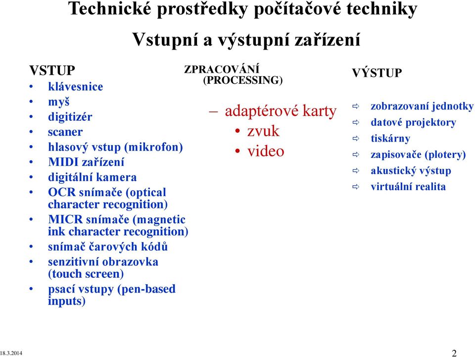 recognition) snímač čarových kódů senzitivní obrazovka (touch screen) psací vstupy (pen-based inputs) (PROCESSING) adaptérové