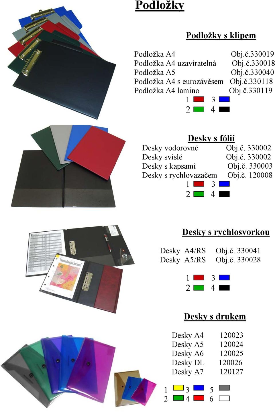 č. 330003 Desky s rychlovazačem Obj.č. 120008 1 3 2 4 Desky s rychlosvorkou Desky A4/RS Obj.č. 330041 Desky A5/RS Obj.č. 330028 1 3 2 4 Desky s drukem Desky A4 120023 Desky A5 120024 Desky A6 120025 Desky DL 120026 Desky A7 120127 1 3 5 2 4 6