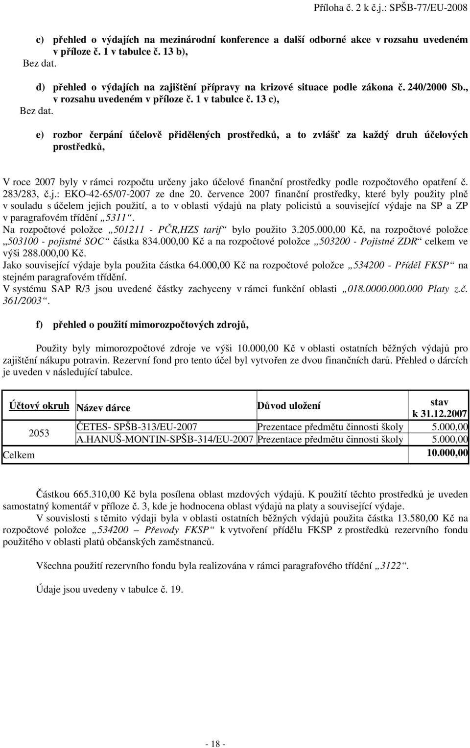 e) rozbor čerpání účelově přidělených prostředků, a to zvlášť za každý druh účelových prostředků, V roce 2007 byly v rámci rozpočtu určeny jako účelové finanční prostředky podle rozpočtového opatření