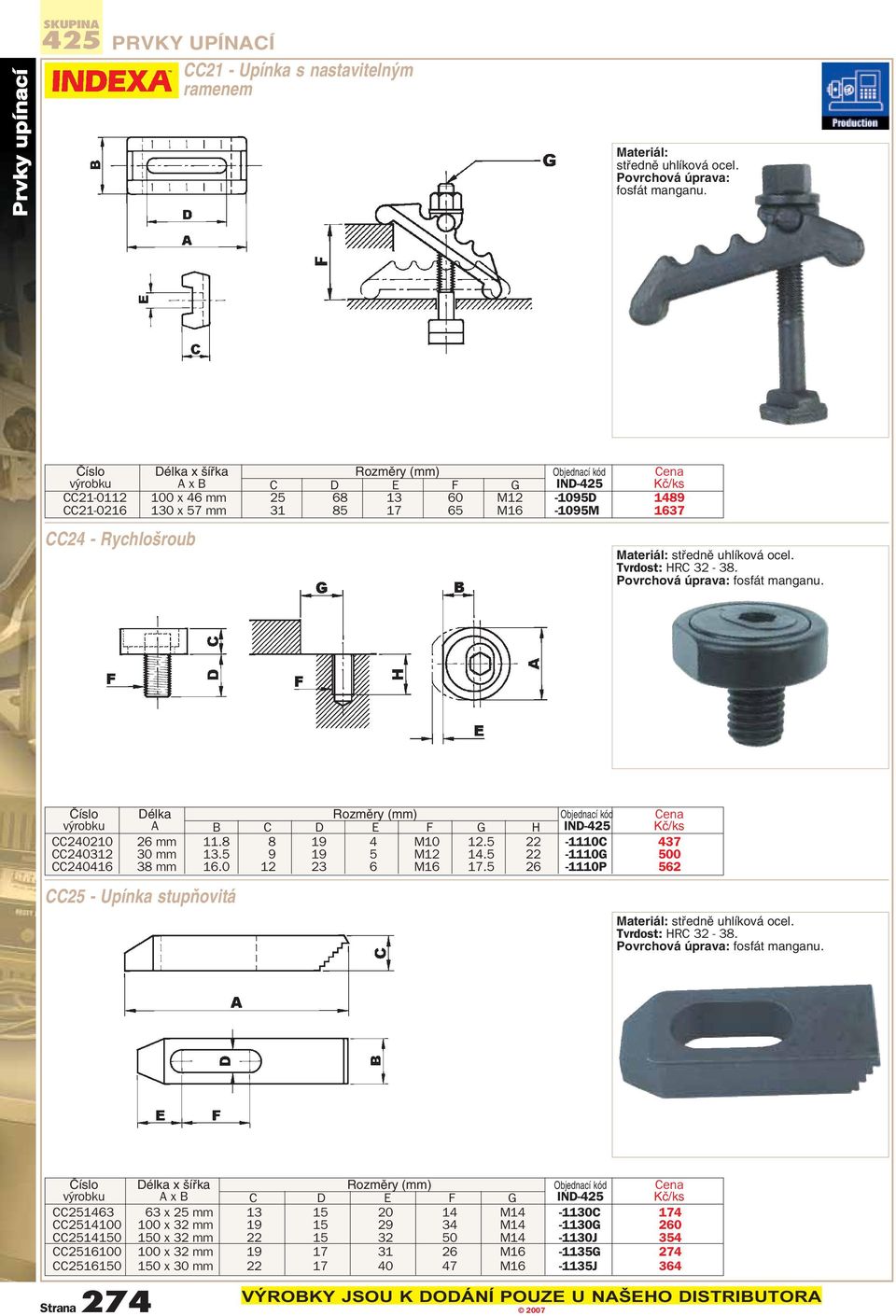 uhlíková ocel. Tvrdost: HRC 32-38. Délka Rozmûry (mm) výrobku A B C D E F G H IND-425 CC240210 26 mm 11.8 8 19 4 M10 12.5 22-1110C 437 CC240312 30 mm 13.5 9 19 5 M12 14.
