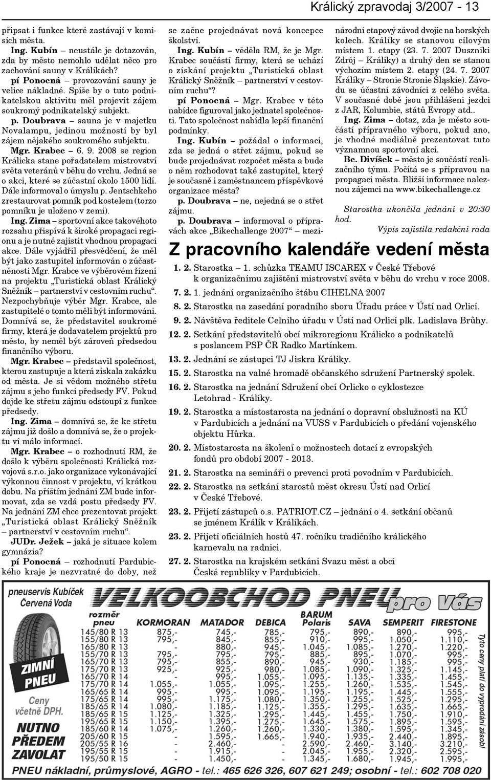 Mgr. Krabec 6. 9. 2008 se region Králicka stane pořadatelem mistrovství světa veteránů v běhu do vrchu. Jedná se o akci, které se zúčastní okolo 1500 lidí. Dále informoval o úmyslu p.