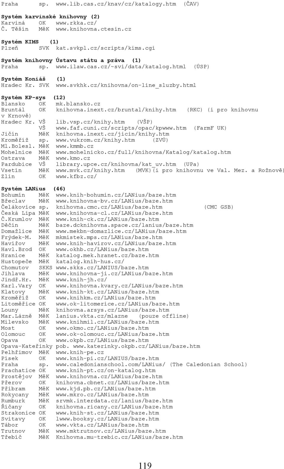 html Systém KP-sys (12) Blansko OK mk.blansko.cz Bruntál OK knihovna.inext.cz/bruntal/knihy.htm (RKC) (i pro knihovnu v Krnově) Hradec Kr. VŠ lib.vsp.cz/knihy.htm (VŠP) VŠ www.faf.cuni.