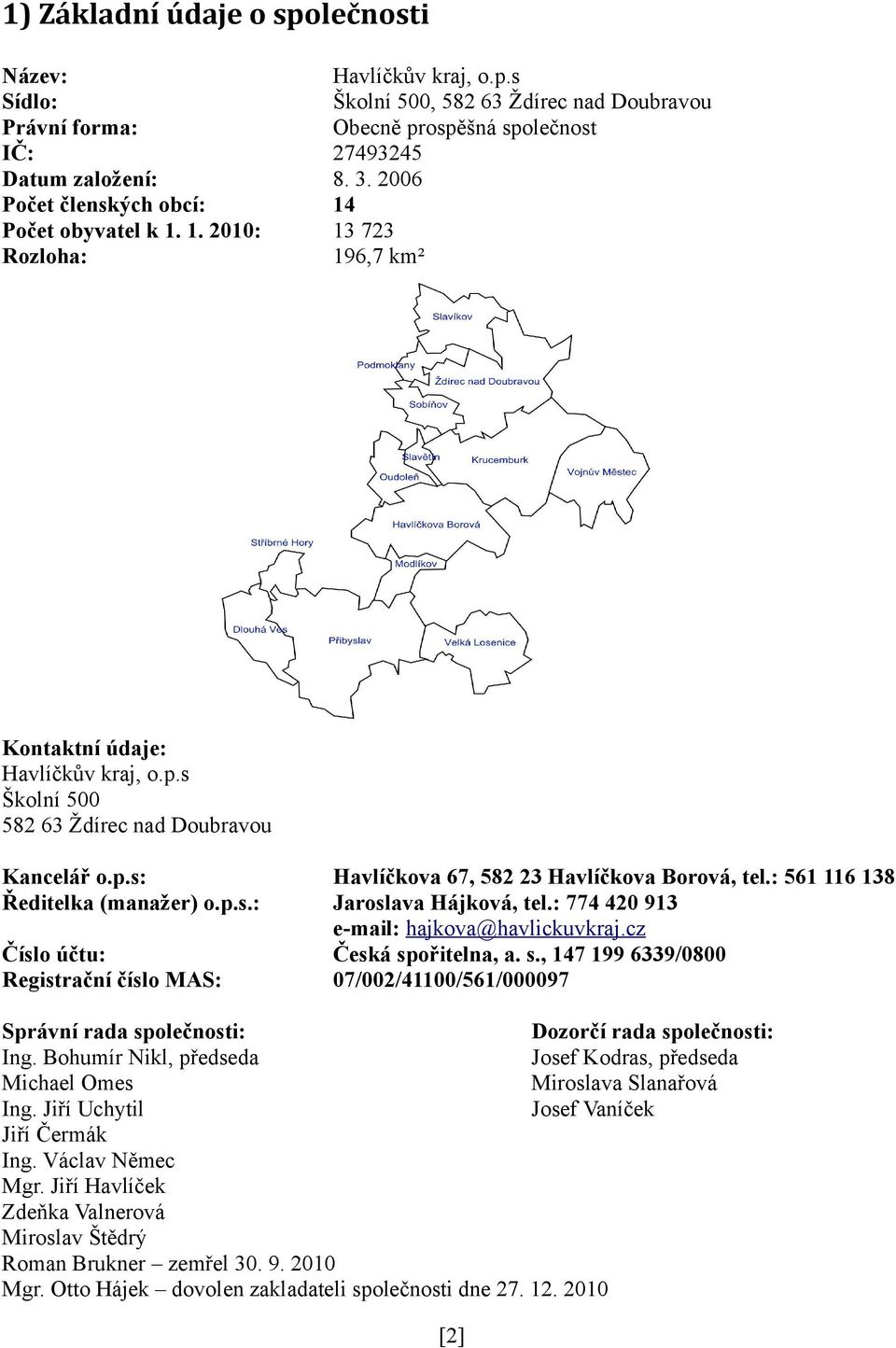 : 561 116 138 Jaroslava Hájková, tel.: 774 420 913 e-mail: hajkova@havlickuvkraj.cz Česká spořitelna, a. s., 147 199 6339/0800 07/002/41100/561/000097 Správní rada společnosti: Dozorčí rada společnosti: Ing.