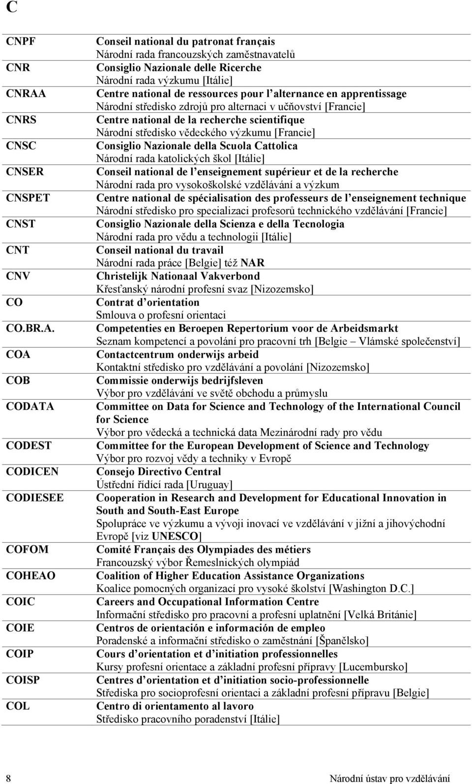 COA COB CODATA CODEST CODICEN CODIESEE COFOM COHEAO COIC COIE COIP COISP COL Conseil national du patronat français Národní rada francouzských zaměstnavatelů Consiglio Nazionale delle Ricerche Národní