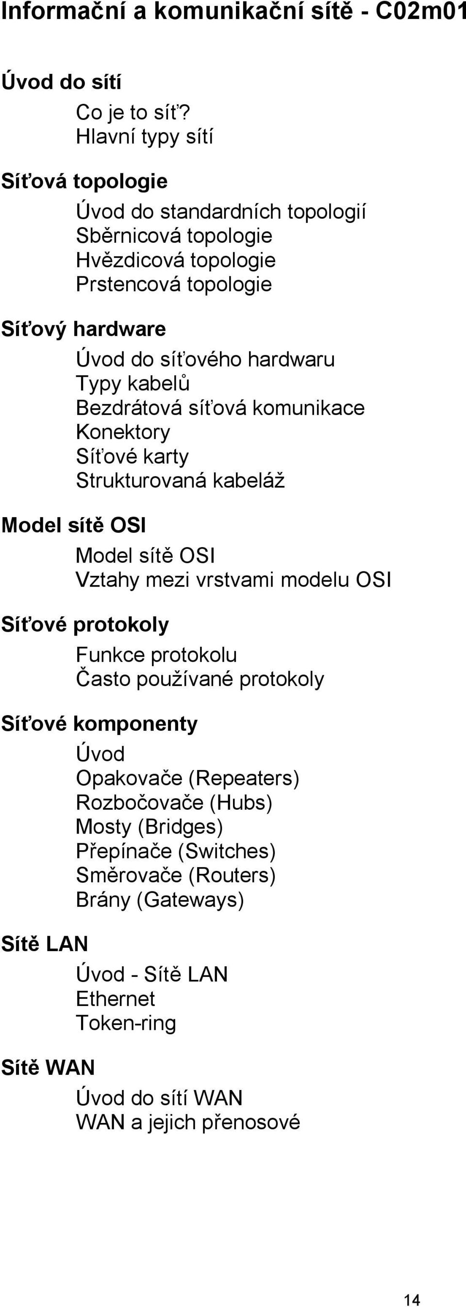 Typy kabelů Bezdrátová síťová komunikace Konektory Síťové karty Strukturovaná kabeláž Model sítě OSI Model sítě OSI Vztahy mezi vrstvami modelu OSI Síťové protokoly