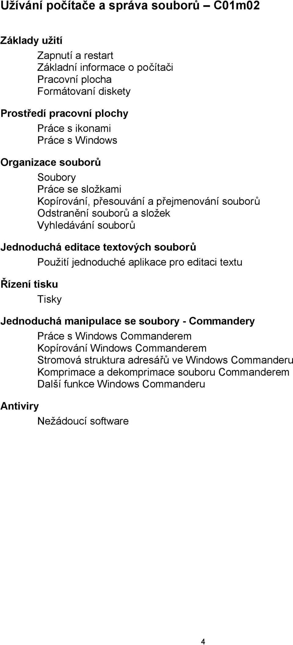 editace textových souborů Použití jednoduché aplikace pro editaci textu Řízení tisku Tisky Jednoduchá manipulace se soubory - Commandery Práce s Windows Commanderem
