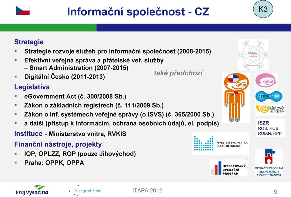 ) Zákon o základních registrech (č. 111/2009 Sb.) Zákon o inf. systémech veřejné správy (o ISVS) (č. 365/2000 Sb.