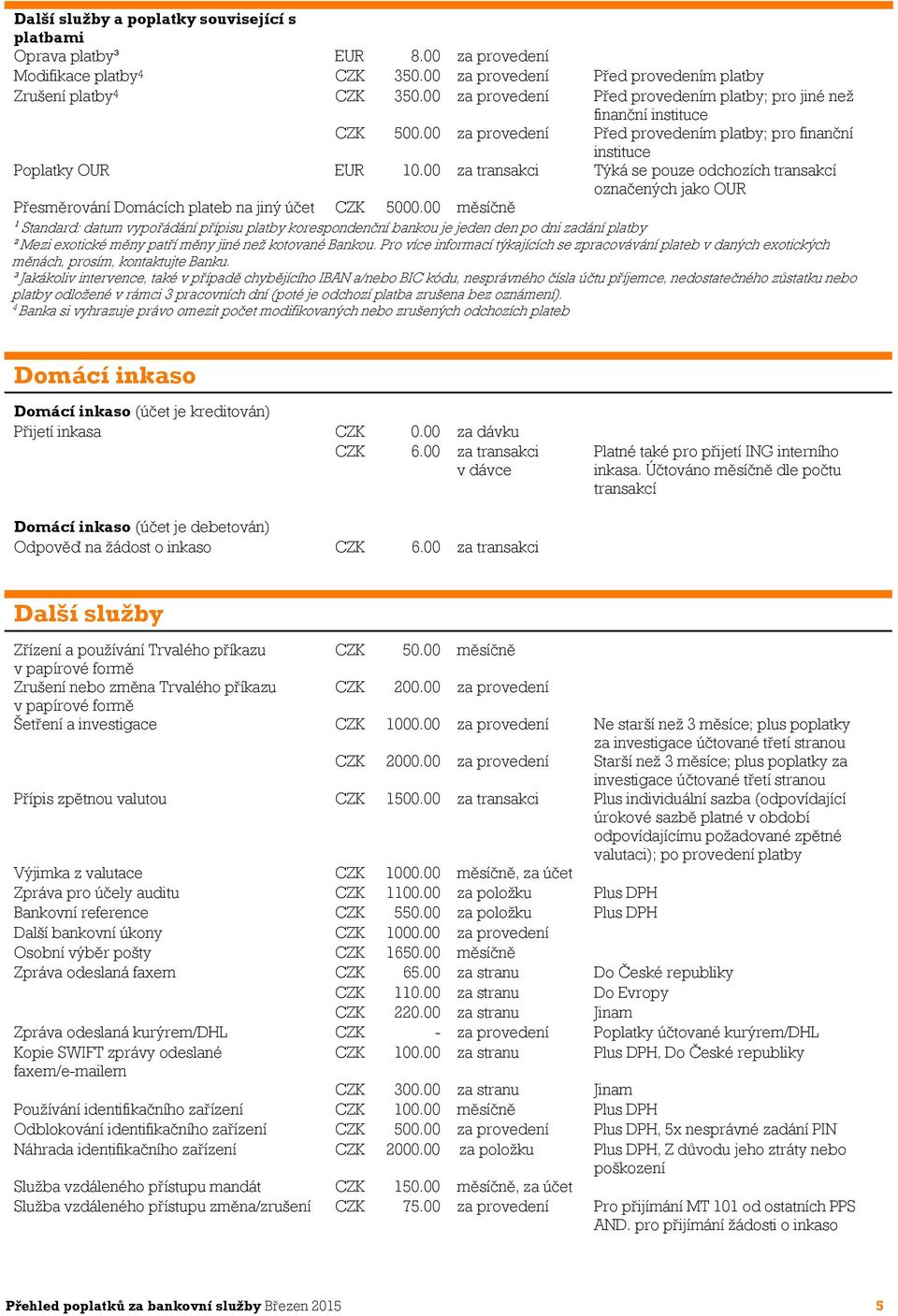 00 za transakci Týká se pouze odchozích transakcí označených jako OUR Přesměrování Domácích plateb na jiný účet CZK 5000.