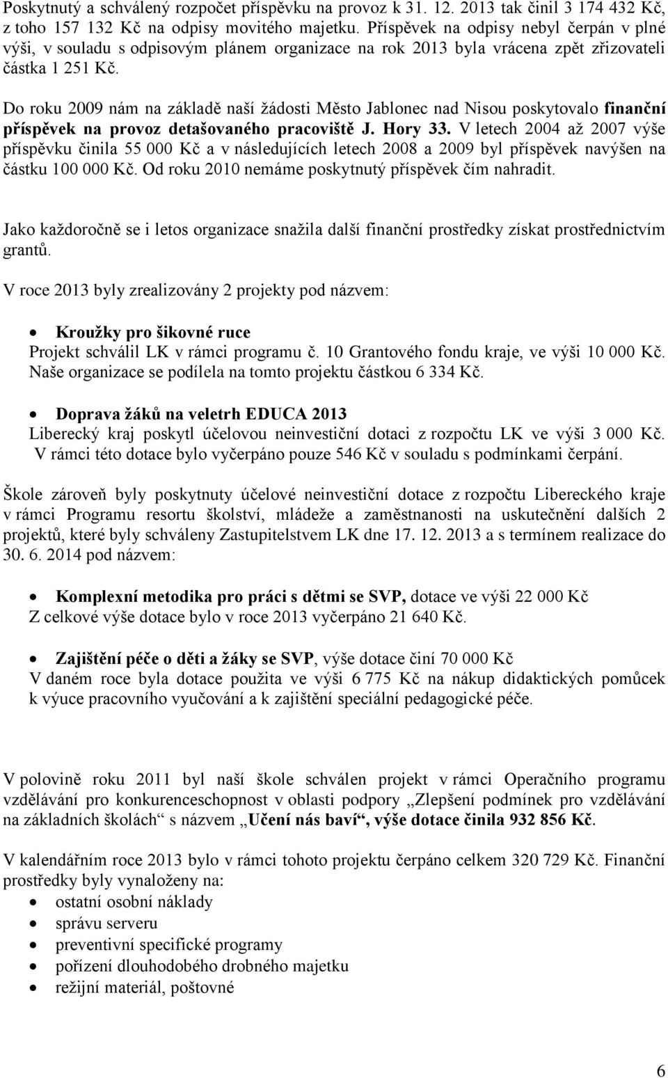 Do roku 2009 nám na základě naší žádosti Město Jablonec nad Nisou poskytovalo finanční příspěvek na provoz detašovaného pracoviště J. Hory 33.