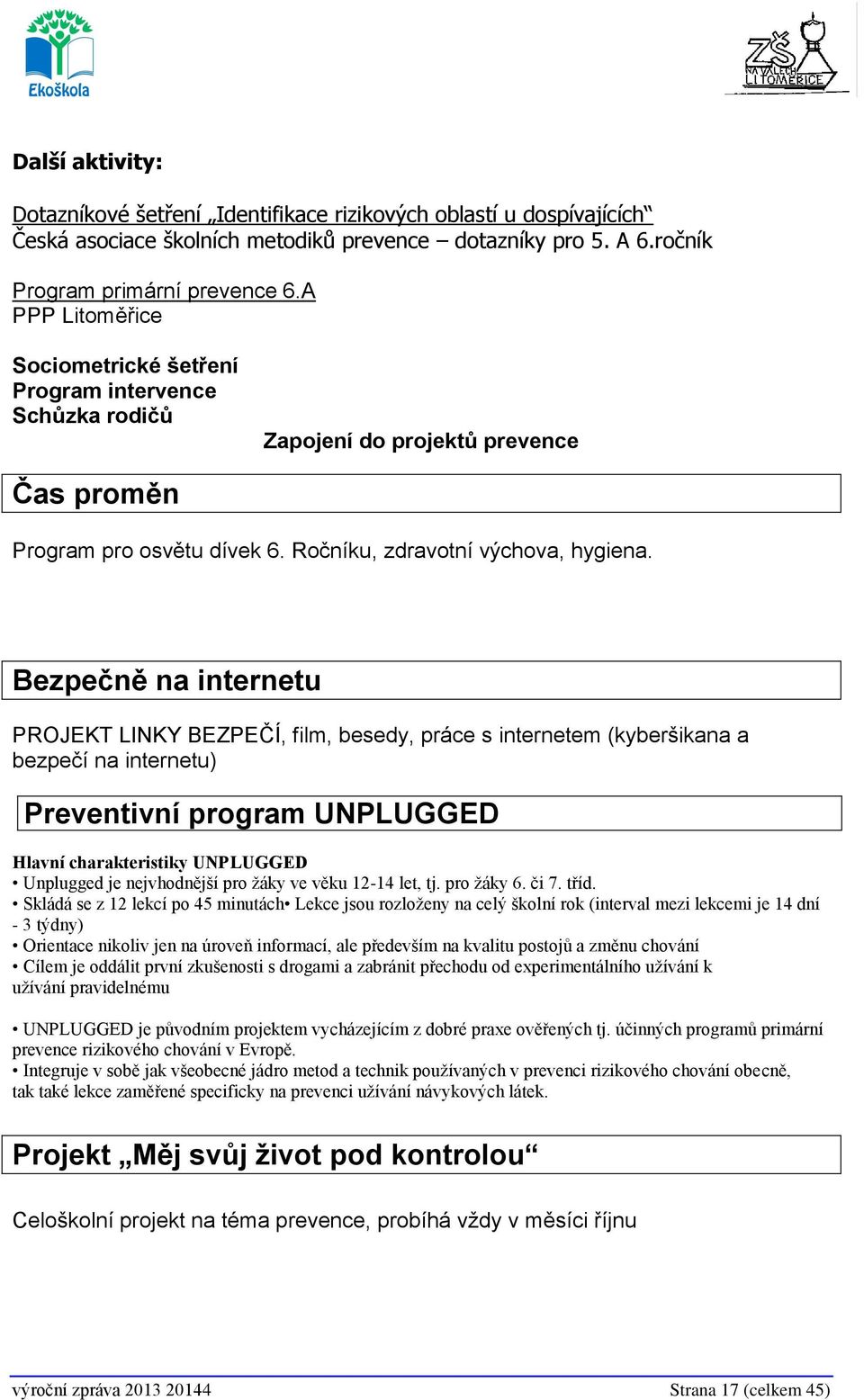 Bezpečně na internetu PROJEKT LINKY BEZPEČÍ, film, besedy, práce s internetem (kyberšikana a bezpečí na internetu) Preventivní program UNPLUGGED Hlavní charakteristiky UNPLUGGED Unplugged je