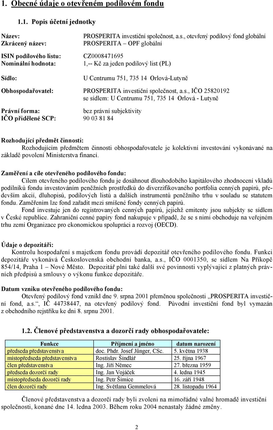 u: Nominální hodnota: Sídlo: PROSPERITA invest