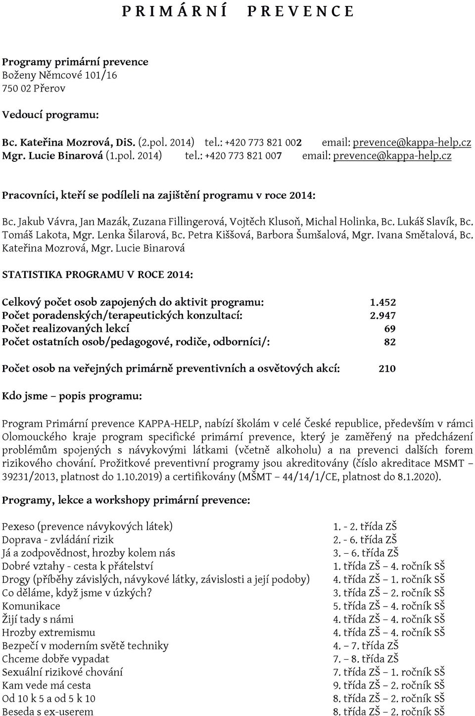 cz Pracovníci, kteří se podíleli na zajištění programu v roce 2014: Bc. Jakub Vávra, Jan Mazák, Zuzana Fillingerová, Vojtěch Klusoň, Michal Holinka, Bc. Lukáš Slavík, Bc. Tomáš Lakota, Mgr.