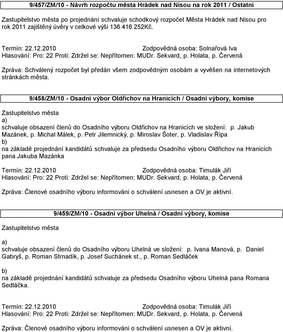 9/458/ZM/10 - Osadní výbor Oldřichov na Hranicích / Osadní výbory, komise Zastupitelstvo města a) schvaluje obsazení členů do Osadního výboru Oldřichov na Hranicích ve složení: p. Jakub Mazánek, p.