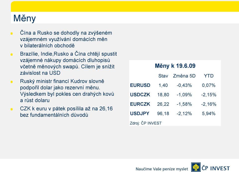 Cílem je snížit závislost na USD Ruský ministr financí Kudrov slovně podpořil dolar jako rezervní měnu.