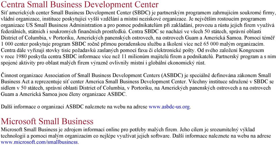 Je největším rostoucím programem organizace US Small Business Administration a pro pomoc podnikatelům při zakládání, provozu a růstu jejich firem využívá federálních, státních i soukromých finančních