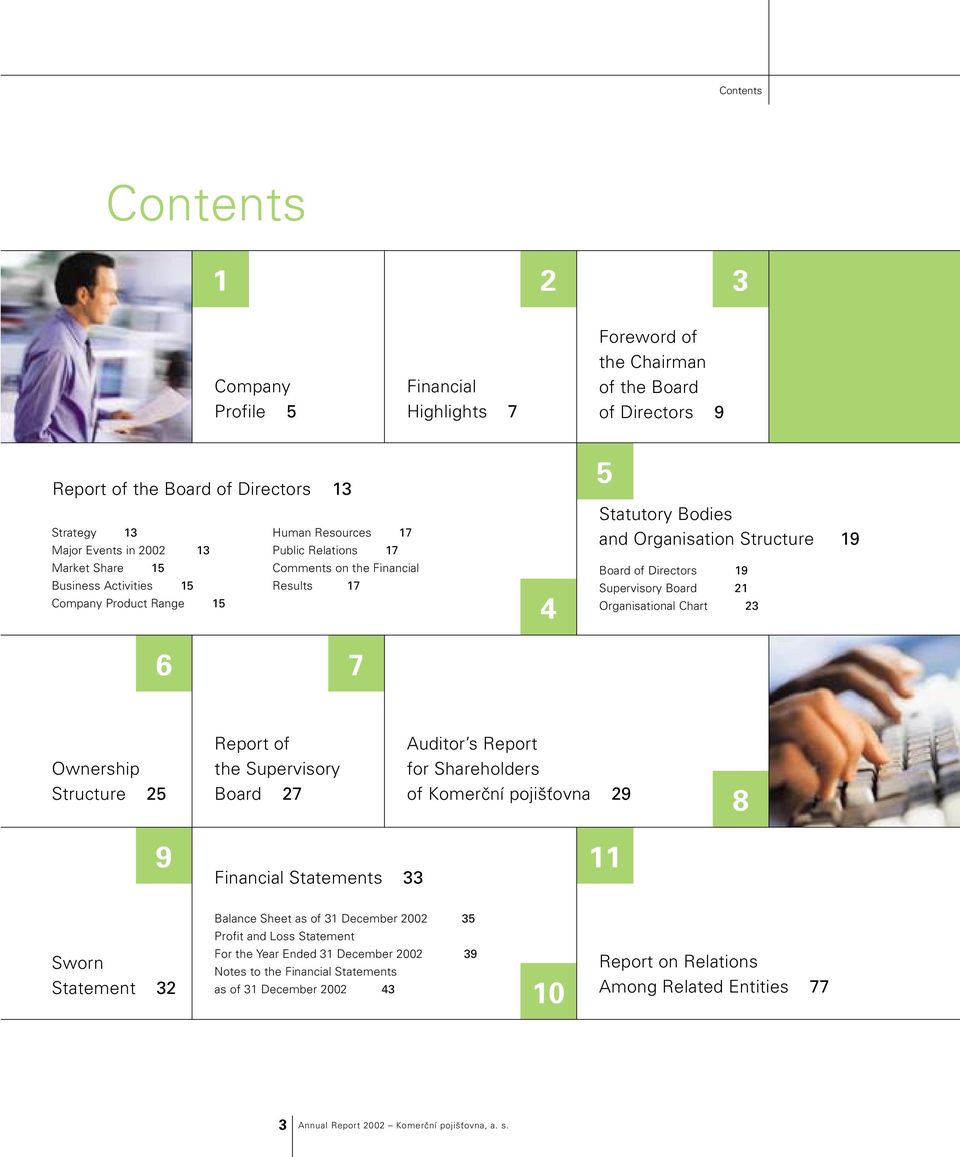 Directors 19 Supervisory Board 21 Organisational Chart 23 6 7 Ownership Structure 25 Report of the Supervisory Board 27 Auditor s Report for Shareholders of Komerční pojišťovna 29 8 9 Financial