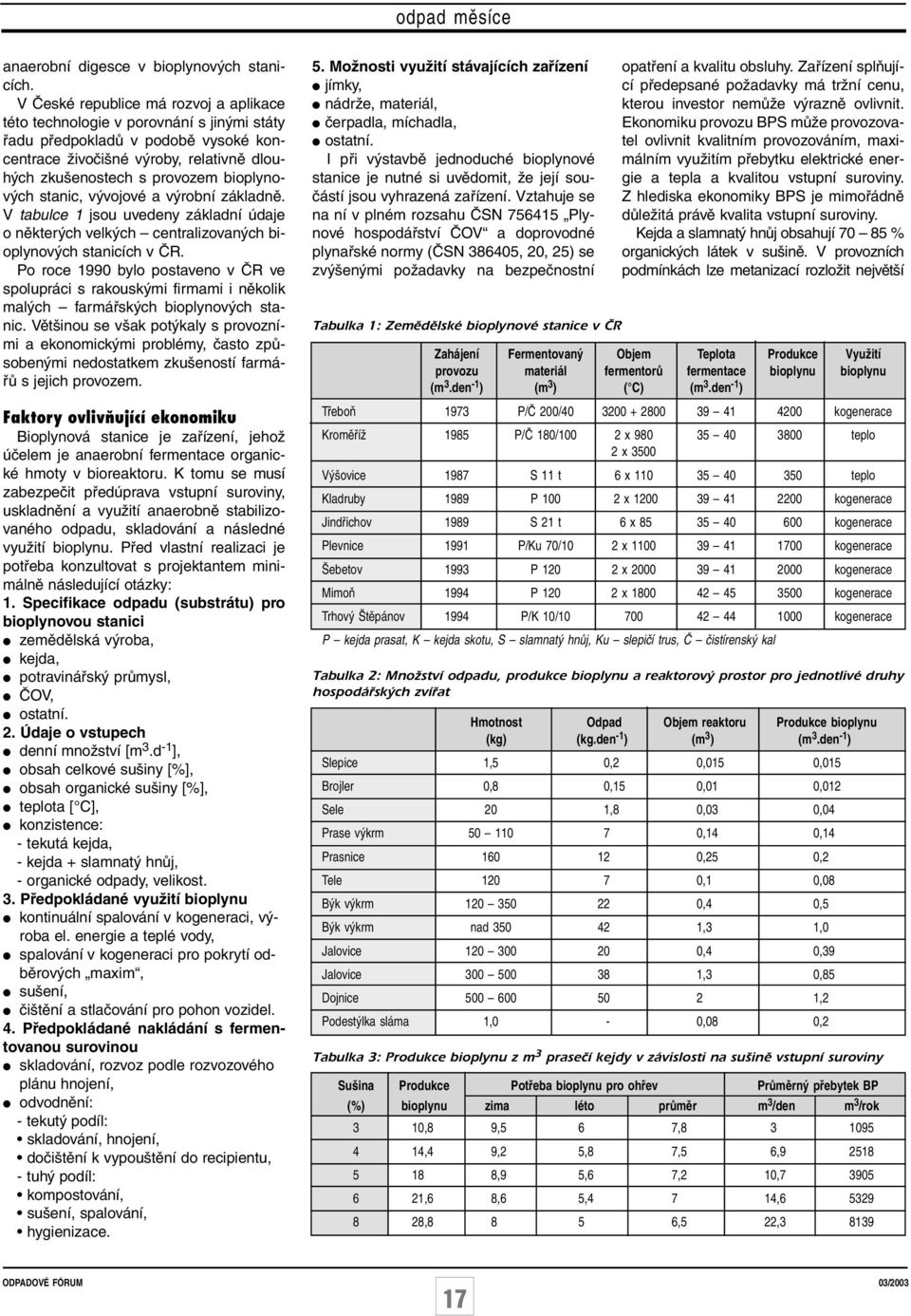 bioplynových stanic, vývojové a výrobní základně. V tabulce 1 jsou uvedeny základní údaje o některých velkých centralizovaných bioplynových stanicích v ČR.