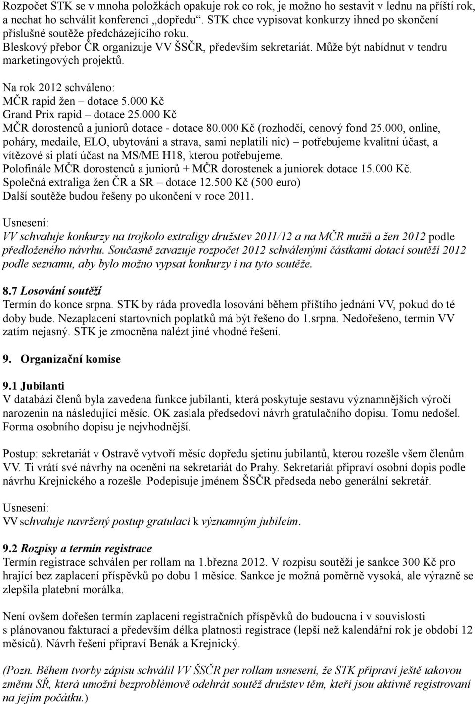 Na rok 2012 schváleno: MČR rapid ţen dotace 5.000 Kč Grand Prix rapid dotace 25.000 Kč MČR dorostenců a juniorů dotace - dotace 80.000 Kč (rozhodčí, cenový fond 25.