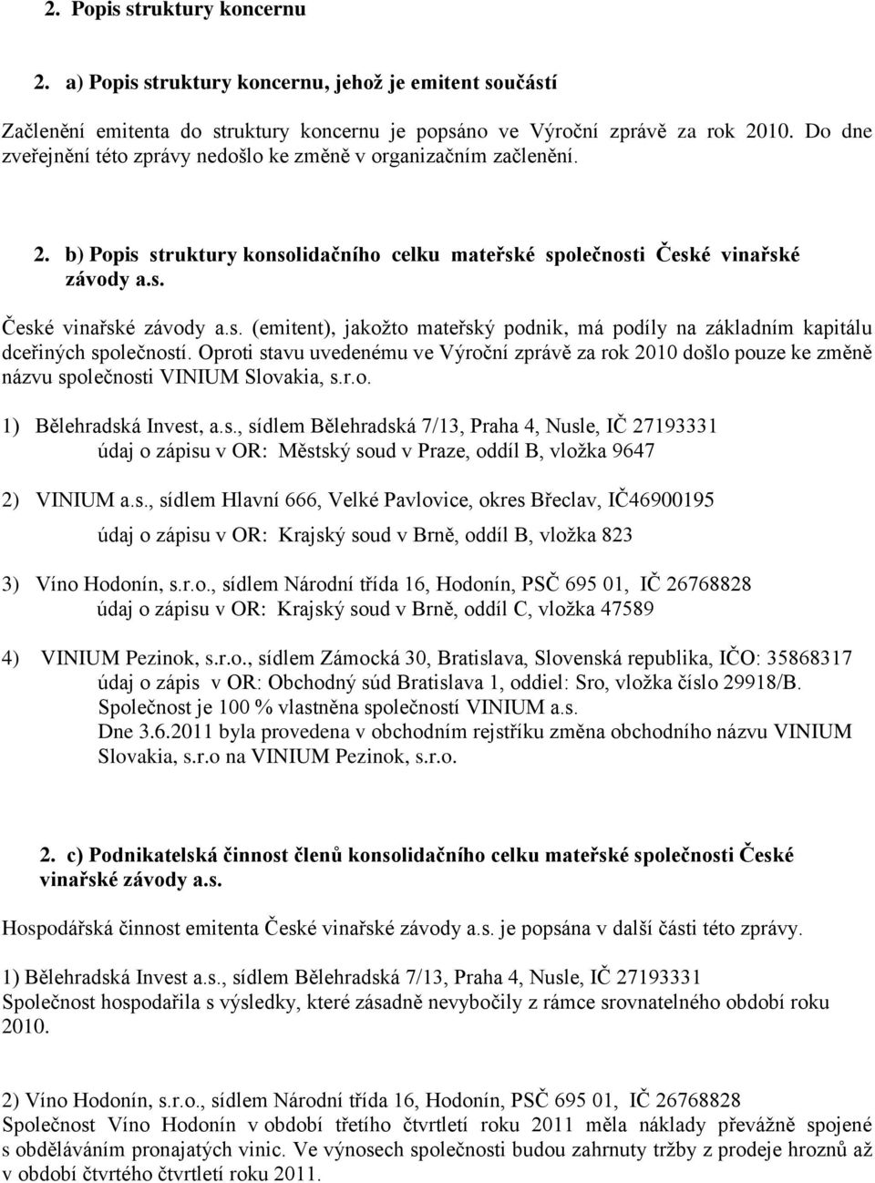 Oproti stavu uvedenému ve Výroční zprávě za rok 2010 došlo pouze ke změně názvu společnosti VINIUM Slovakia, s.r.o. 1) Bělehradská Invest, a.s., sídlem Bělehradská 7/13, Praha 4, Nusle, IČ 27193331 údaj o zápisu v OR: Městský soud v Praze, oddíl B, vložka 9647 2) VINIUM a.