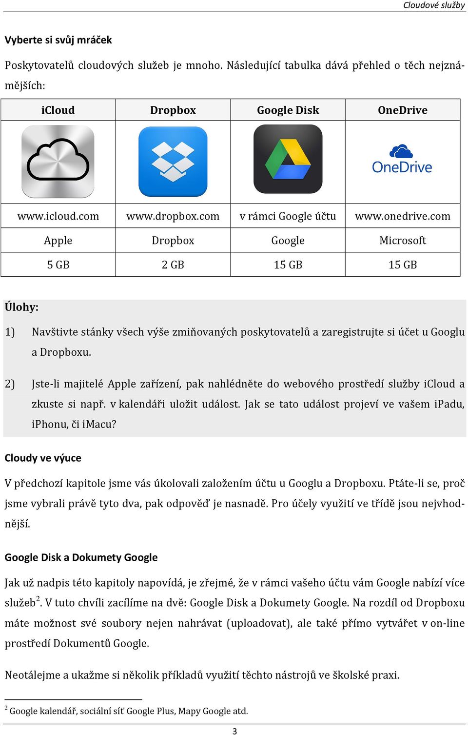 com Apple Dropbox Google Microsoft 5 GB 2 GB 15 GB 15 GB Úlohy: 1) Navštivte stánky všech výše zmiňovaných poskytovatelů a zaregistrujte si účet u Googlu a Dropboxu.