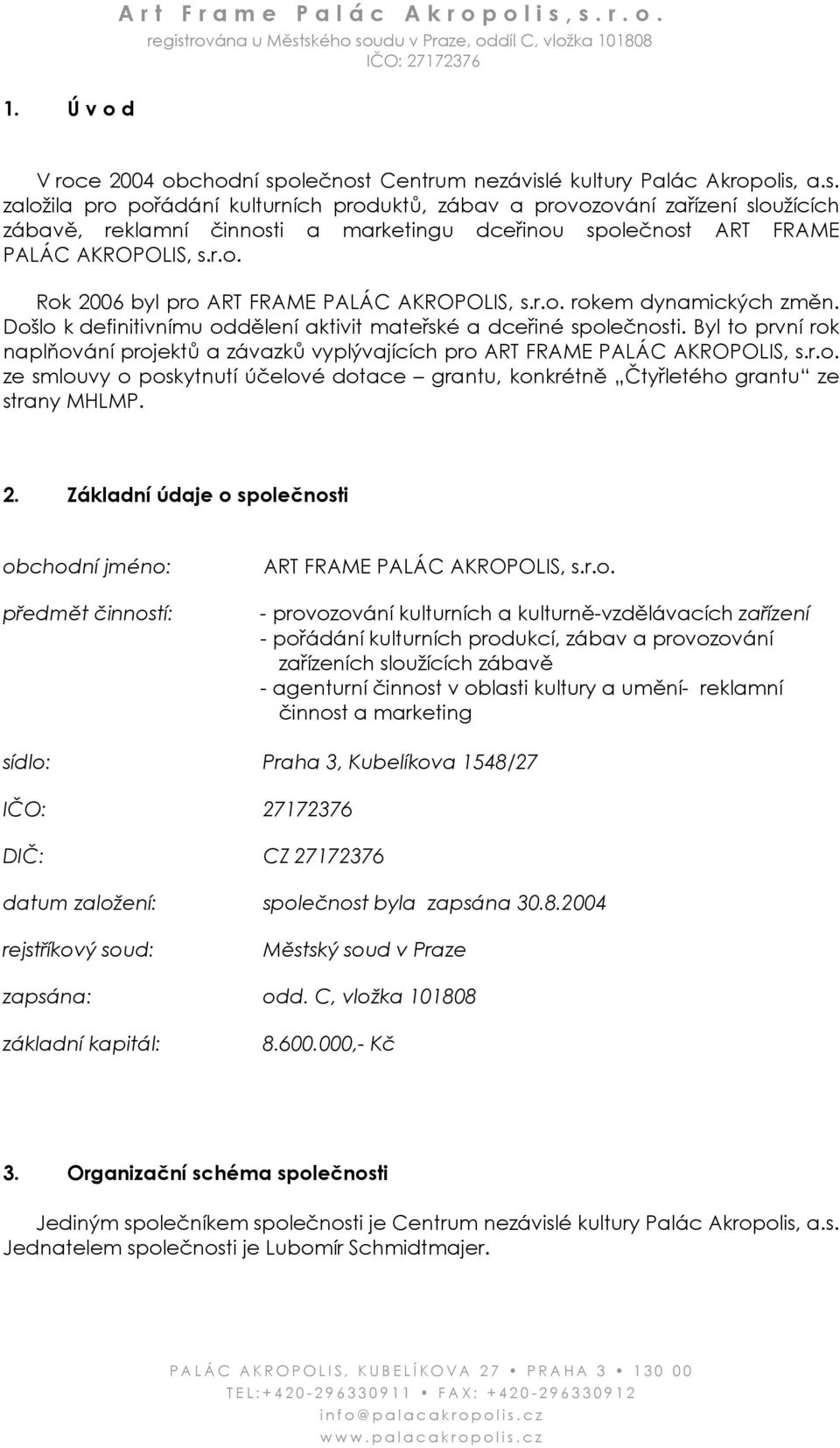 r.o. Rok 2006 byl pro ART FRAME PALÁC AKROPOLIS, s.r.o. rokem dynamických změn. Došlo k definitivnímu oddělení aktivit mateřské a dceřiné společnosti.