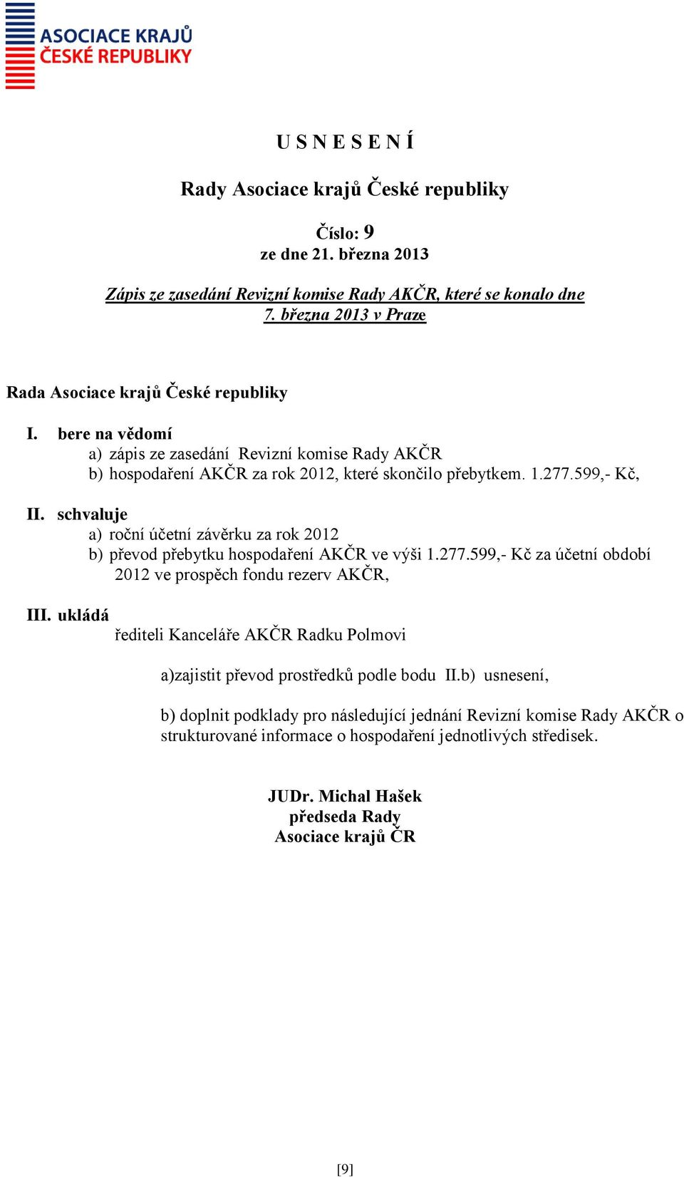 schvaluje a) roční účetní závěrku za rok 2012 b) převod přebytku hospodaření AKČR ve výši 1.277.