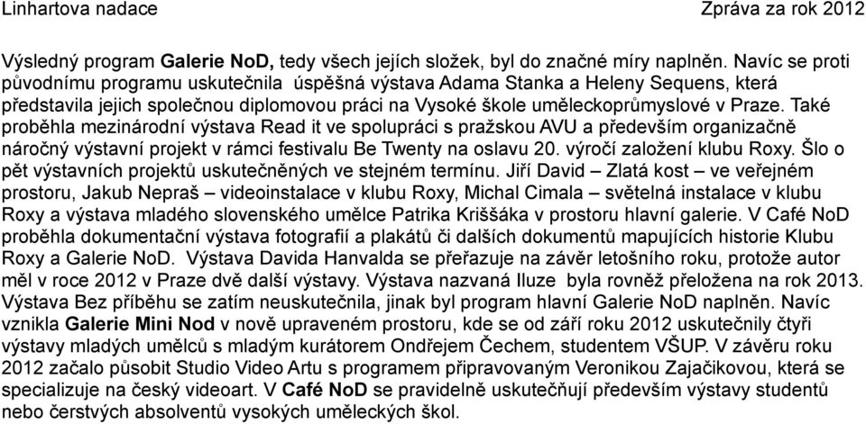 Také proběhla mezinárodní výstava Read it ve spolupráci s pražskou AVU a především organizačně náročný výstavní projekt v rámci festivalu Be Twenty na oslavu 20. výročí založení klubu Roxy.