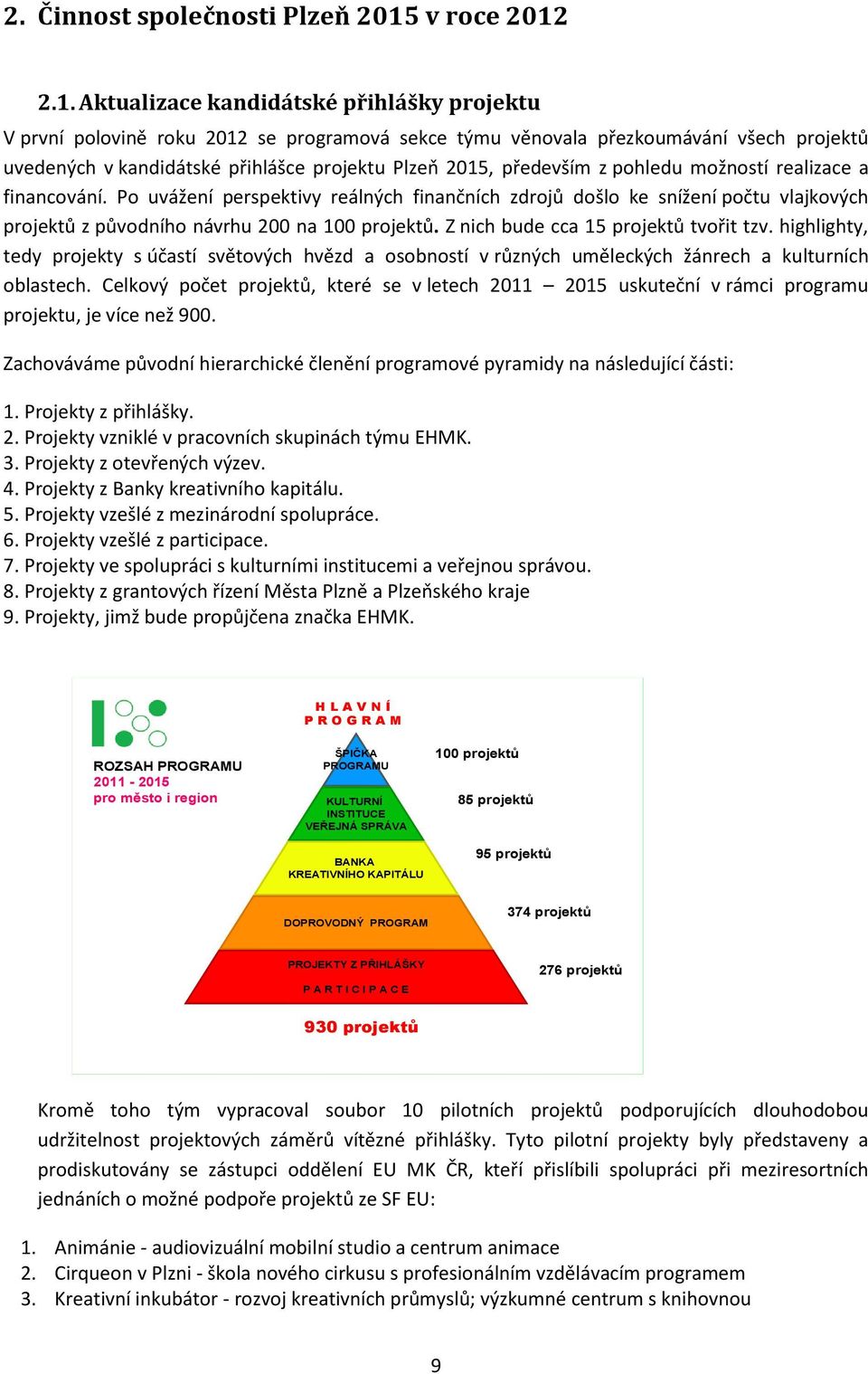 2.1. Aktualizace kandidátské přihlášky projektu V první polovině roku 2012 se programová sekce týmu věnovala přezkoumávání všech projektů uvedených v kandidátské přihlášce projektu Plzeň 2015,