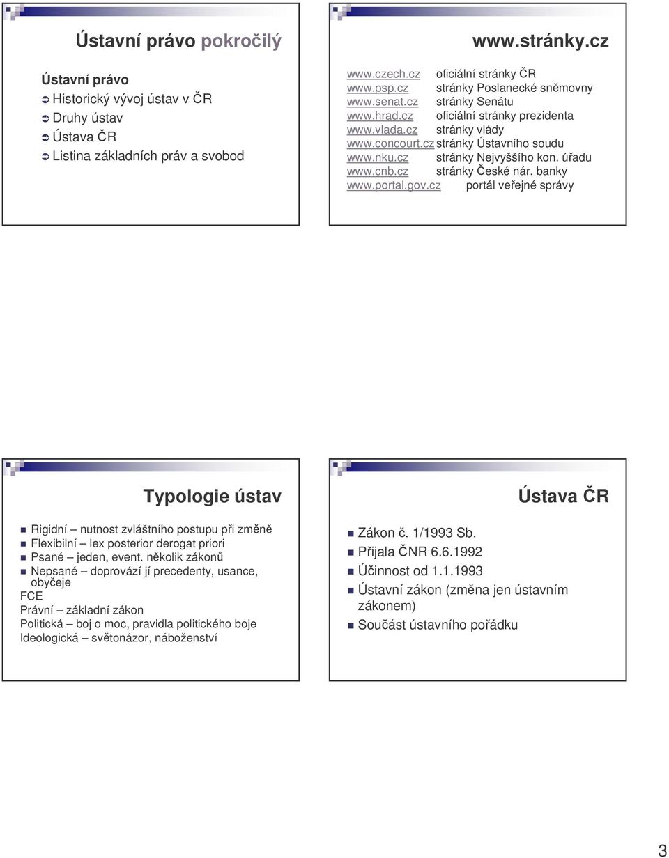 úadu www.cnb.cz stránky eské nár. banky www.portal.gov.cz portál veejné správy Typologie ústav Rigidní nutnost zvláštního postupu pi zmn Flexibilní lex posterior derogat priori Psané jeden, event.