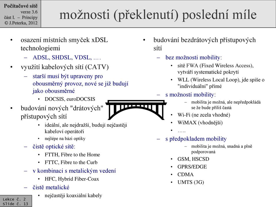 13 ideální, ale nejdražší, budují nejčastěji kabeloví operátoři nejlépe na bázi optiky čistě optické sítě: FTTH, Fibre to the Home FTTC, Fibre to the Curb v kombinaci s metalickým vedení HFC, Hybrid