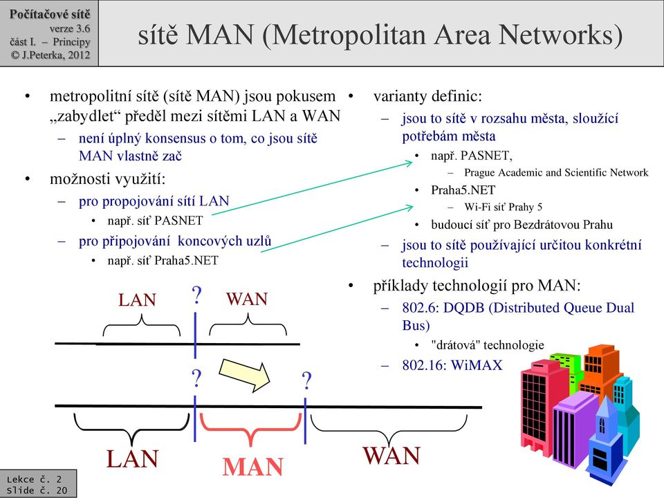 ? varianty definic: jsou to sítě v rozsahu města, sloužící potřebám města např. PASNET, Prague Academic and Scientific Network Praha5.