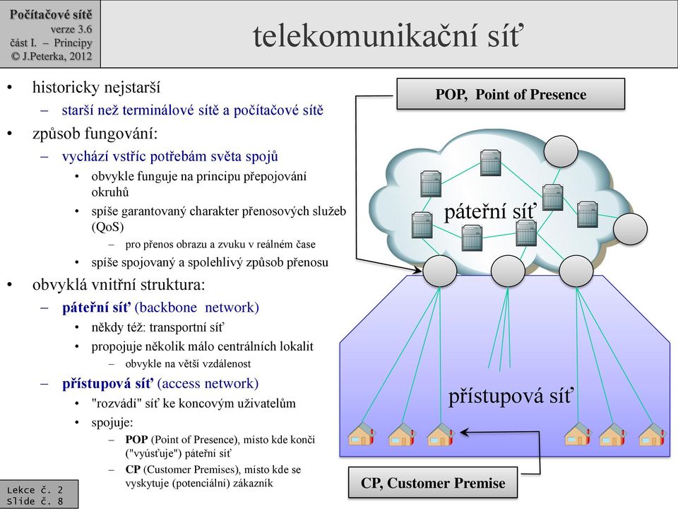 8 páteřní síť (backbone network) někdy též: transportní síť propojuje několik málo centrálních lokalit obvykle na větší vzdálenost přístupová síť (access network) "rozvádí" síť ke koncovým