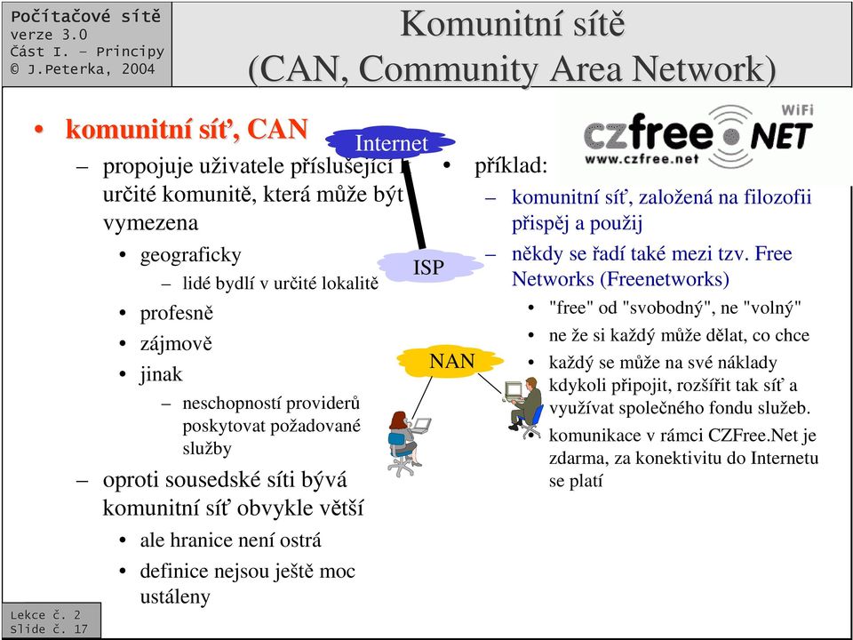 služby oproti sousedské síti bývá komunitní sí obvykle vtší ale hranice není ostrá definice nejsou ješt moc ustáleny Internet ISP píklad: NAN komunitní sí, založená na filozofii