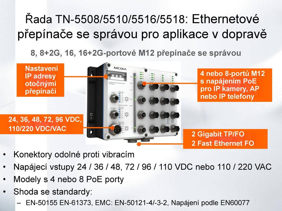 96 VDC, 110/220 VDC/VAC Konektory odolné proti vibracím Napájecí vstupy 24 / 36 / 48, 72 / 96 / 110 VDC nebo 110 / 220 VAC Modely s