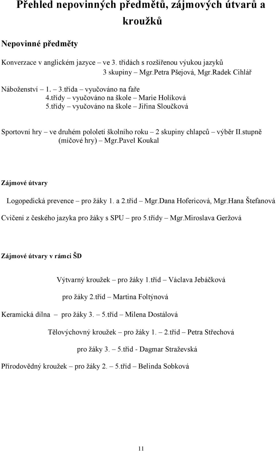 třídy vyučováno na škole Jiřina Sloučková Sportovní hry ve druhém pololetí školního roku 2 skupiny chlapců výběr II.stupně (míčové hry) Mgr.Pavel Koukal Zájmové útvary Logopedická prevence pro ţáky 1.