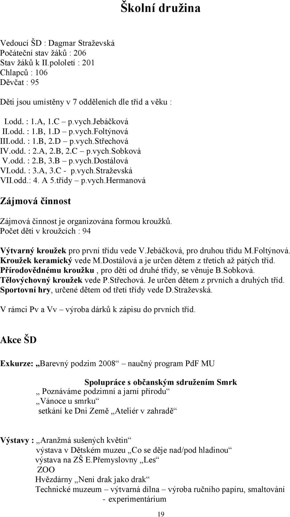 odd.: 4. A 5.třídy p.vych.hermanová Zájmová činnost Zájmová činnost je organizována formou krouţků. Počet dětí v krouţcích : 94 Výtvarný kroužek pro první třídu vede V.Jebáčková, pro druhou třídu M.