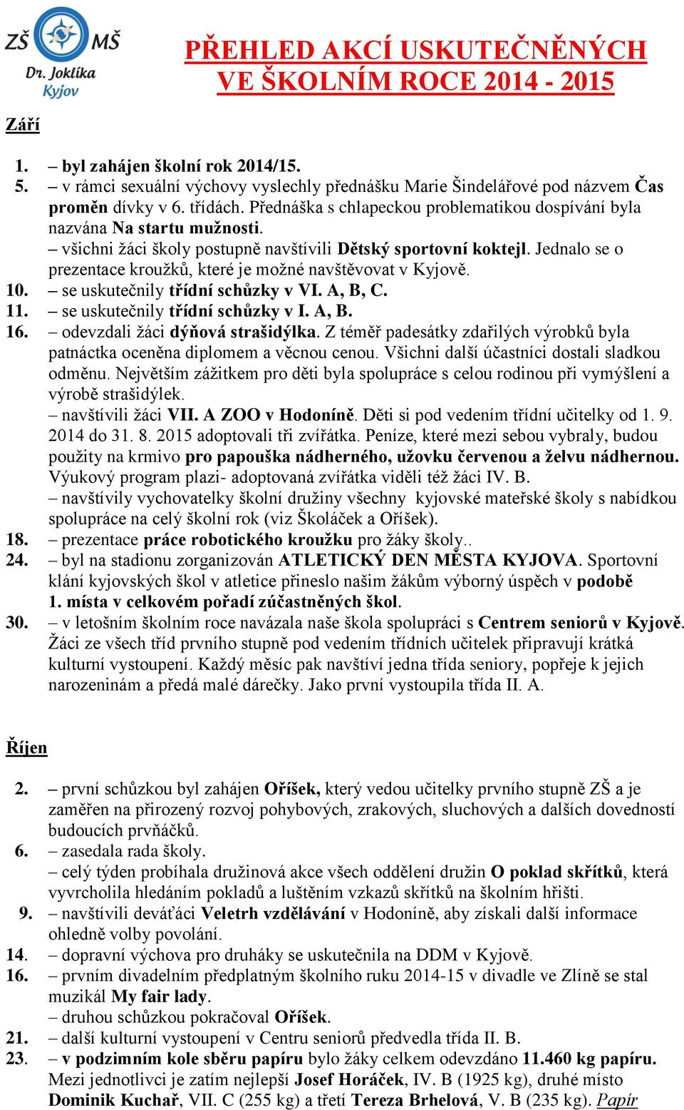 Jednalo se o prezentace kroužků, které je možné navštěvovat 10. se uskutečnily třídní schůzky v VI. A, B, C. 11. se uskutečnily třídní schůzky v I. A, B. 16. odevzdali žáci dýňová strašidýlka.