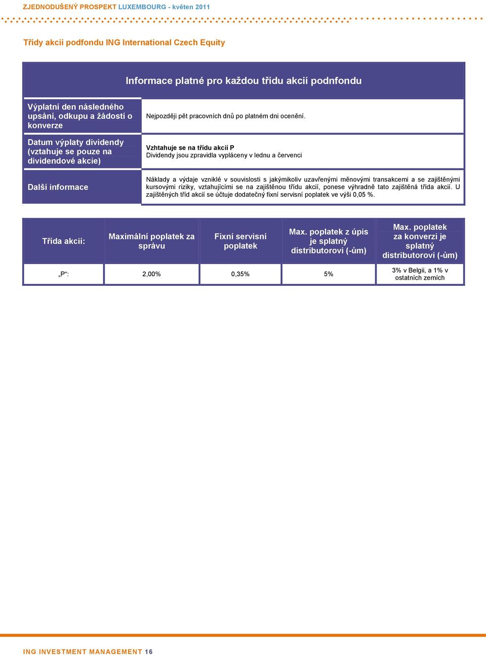 Vzhtahuje se na třídu akcií P Dividendy jsou zpravidla vypláceny v lednu a červenci Náklady a výdaje vzniklé v souvislosti s jakýmikoliv uzavřenými měnovými transakcemi a se zajištěnými kursovými