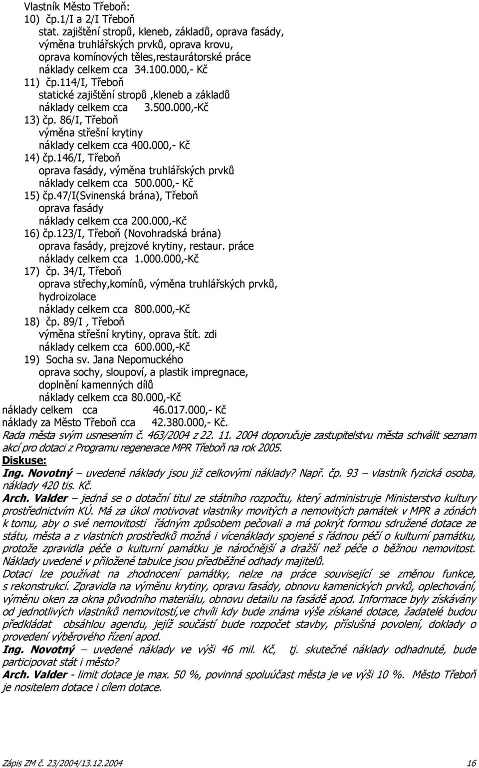 114/i, Třeboň statické zajištění stropů,kleneb a základů náklady celkem cca 3.500.000,-Kč 13) čp. 86/I, Třeboň výměna střešní krytiny náklady celkem cca 400.000,- Kč 14) čp.