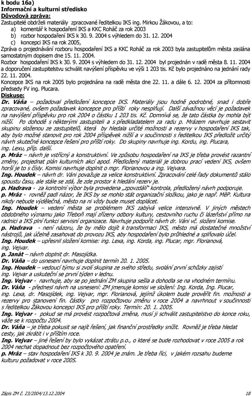 2004 c) koncepci IKS na rok 2005, Zpráva o projednávání rozboru hospodaření IKS a KKC Roháč za rok 2003 byla zastupitelům města zaslána samostatným dopisem dne 15. 11. 2004.