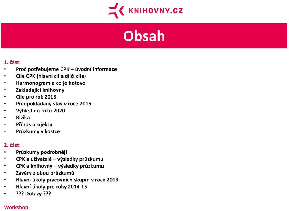 Zakládající knihovny Cíle pro rok 2013 Předpokládaný stav v roce 2015 Výhled do roku 2020 Rizika Přínos projektu