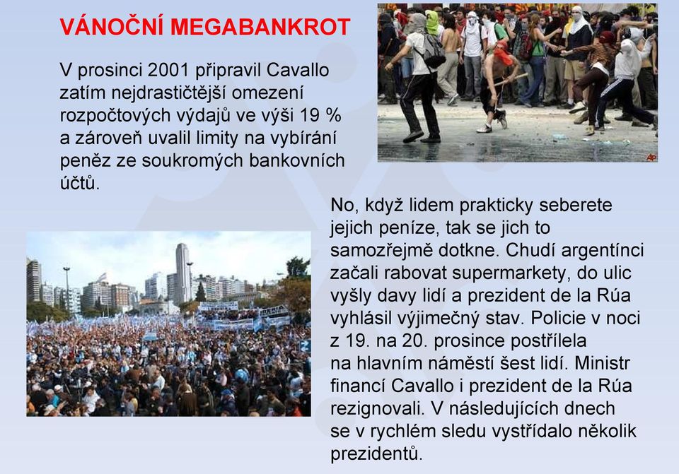 Chudí argentínci začali rabovat supermarkety, do ulic vyšly davy lidí a prezident de la Rúa vyhlásil výjimečný stav. Policie v noci z 19. na 20.