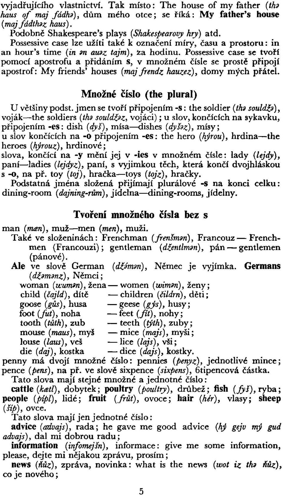 Possessive case se tvoří pomocí apostrofu a přidáním s, v množném čísle se prostě připojí apostrof: My friends' houses (majfrendz hauzez), domy mých přátel. Množné číslo (the plural) U většiny podst.