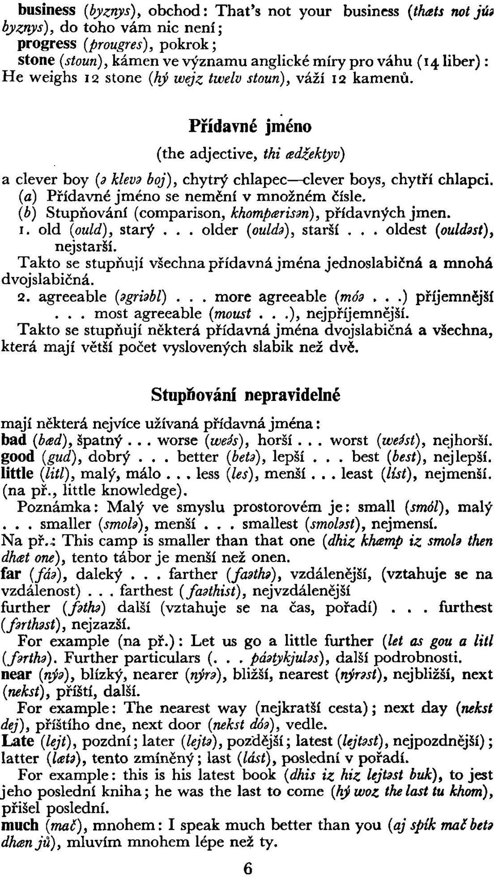 (a) Přídavné jméno se nemění v množném čísle. (A) Stupňování (comparison, khomparissn), přídavných jmen. 1. old (ould), starý... older (ould)), starší... oldest (ould)st), nejstarší.