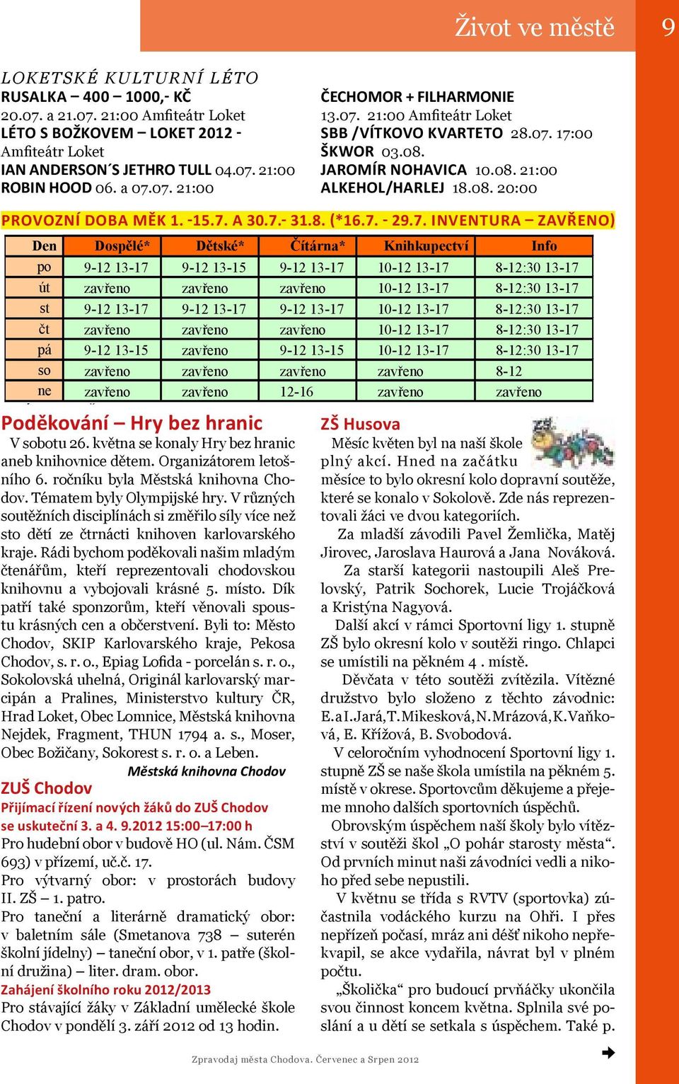 07. 21:00 Provozní doba MěK 1. -15.7. a 30.7.- 31.8. (*16.7. - 29.7. INVENTURA ZAVŘENO) Den Dospělé* Dětské* Čítárna* Knihkupectví Info po 9-12 13-17 9-12 13-15 9-12 13-17 10-12 13-17 8-12:30 13-17