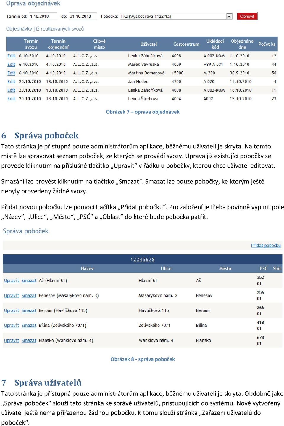 Úprava již existující pobočky se provede kliknutím na příslušné tlačítko Upravit v řádku u pobočky, kterou chce uživatel editovat. Smazání lze provést kliknutím na tlačítko Smazat.