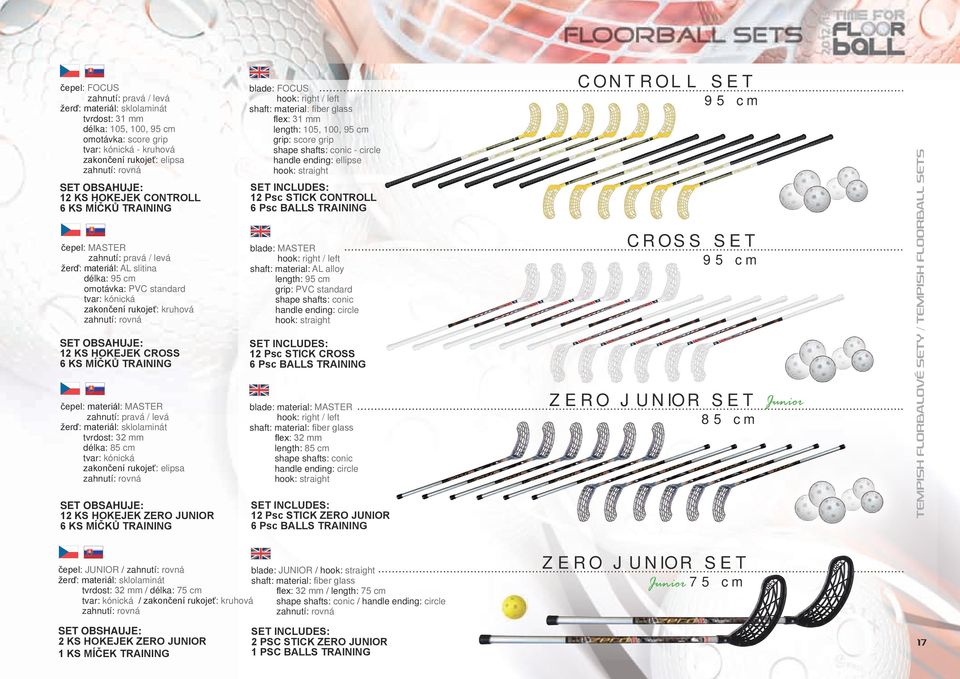 elipsa SET OBSAHUJE: 12 KS HOKEJEK ZERO JUNIOR 6 KS MÍČKŮ TRAINING blade: FOCUS flex: 31 mm length: 105, 100, 95 cm grip: score grip shape shafts: conic - circle handle ending: ellipse SET INCLUDES: