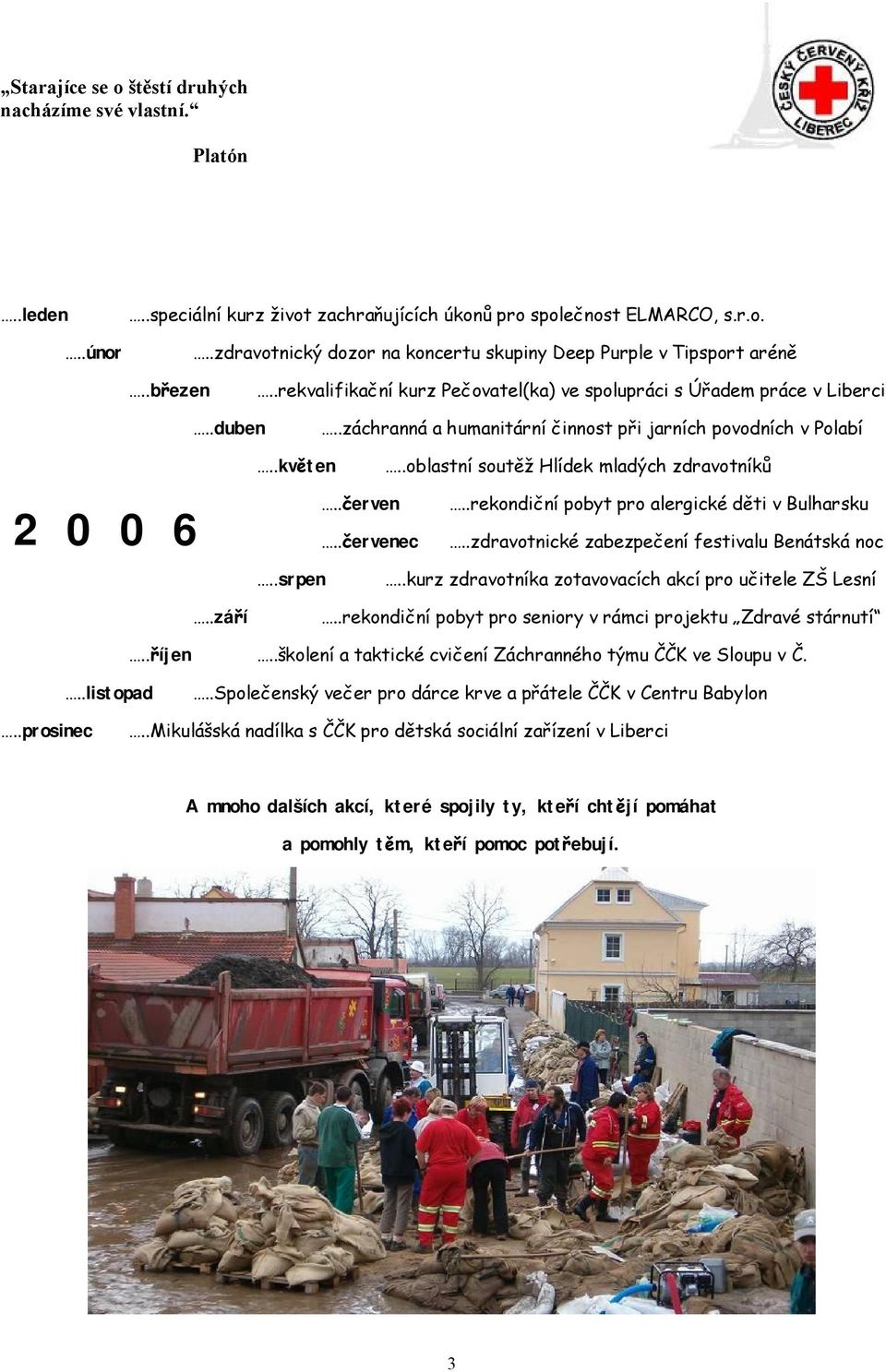 .oblastní soutě ž Hlídek mladých zdravotníků 2 0 0 6..září..červen..rekondiční pobyt pro alergické dě ti v Bulharsku..červenec..zdravotnické zabezpečení festivalu Benátská noc..srpen.