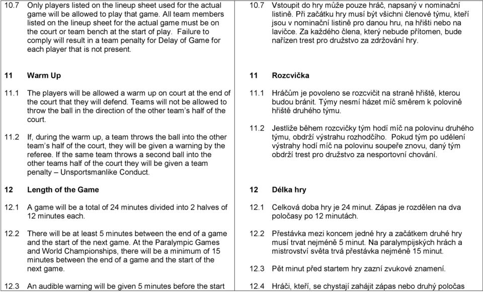 Failure to comply will result in a team penalty for Delay of Game for each player that is not present. 10.7 Vstoupit do hry může pouze hráč, napsaný v nominační listině.