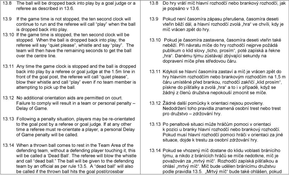 When the ball is dropped back into play, the referee will say quiet please, whistle and say play. The team will then have the remaining seconds to get the ball over the centre line. 13.